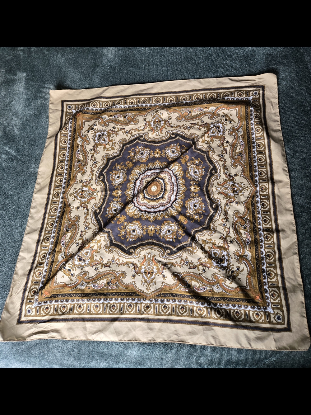 Paisley Medallion Silk-Feel Scarf in Beige and Navy